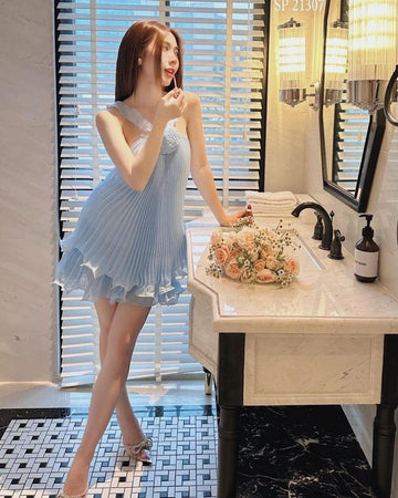 Cute A Line Halter Baby Blue Pleated Chiffon Short Homecoming Dress Birthday Dress HZ1023